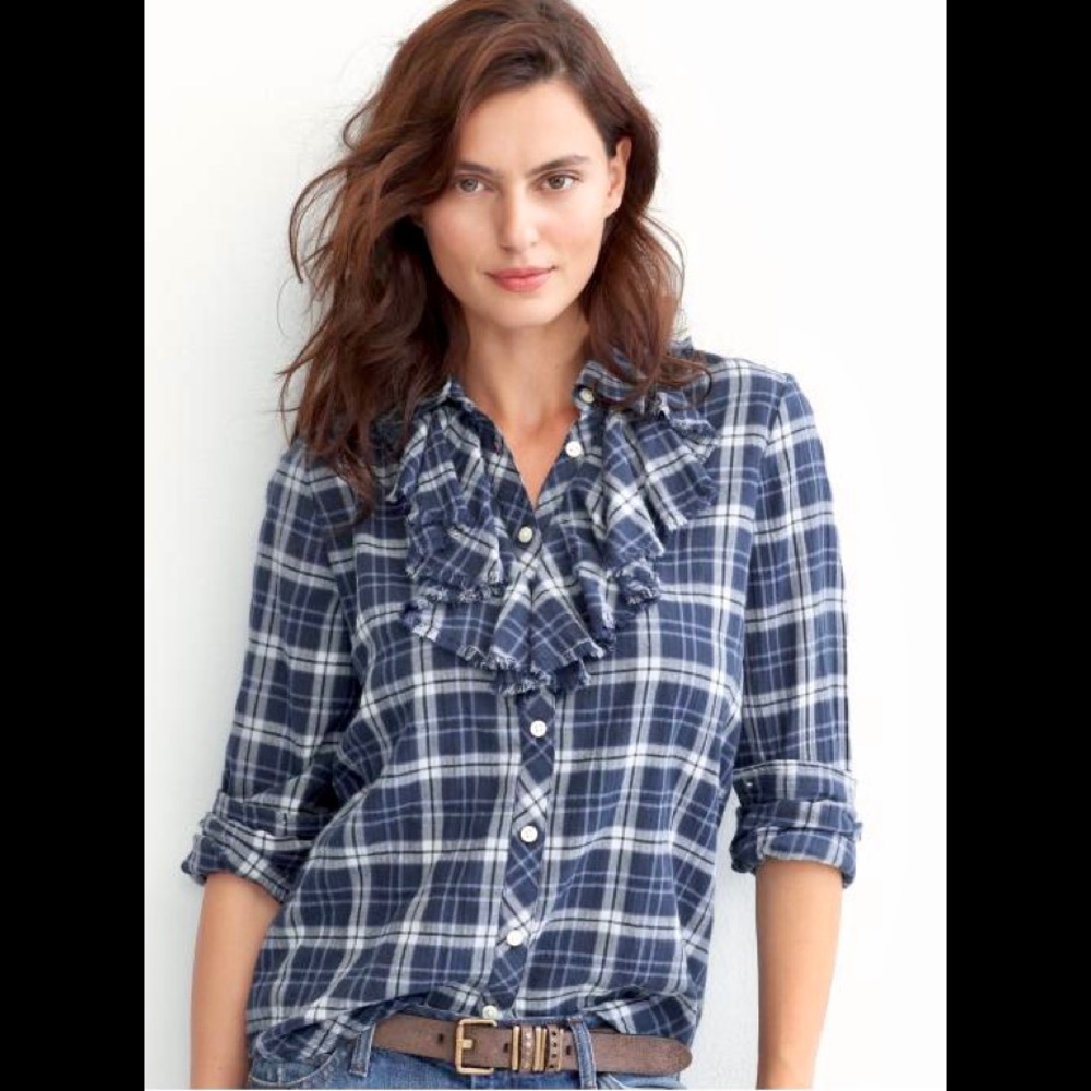 Plaid Flannel Shirt with Ruffle Neckline
